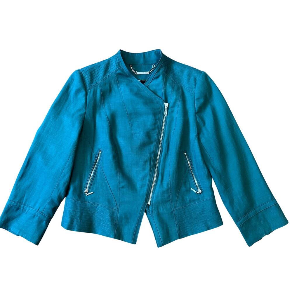 White House Black Market Linen Teal Moto Jacket Zip Front Silver Hardware Sz 8